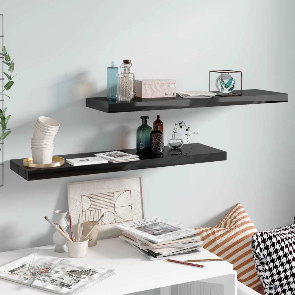 Floating Wall Shelves 2 pcs High Gloss Black 35.4"x9.3"x1.5" MDF