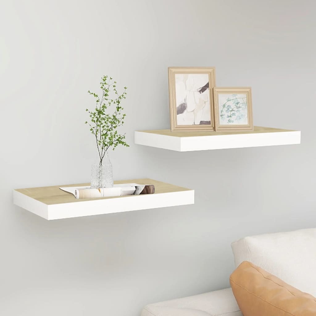 Floating Wall Shelves 2 pcs Oak and White 15.7"x9.1"x1.5" MDF