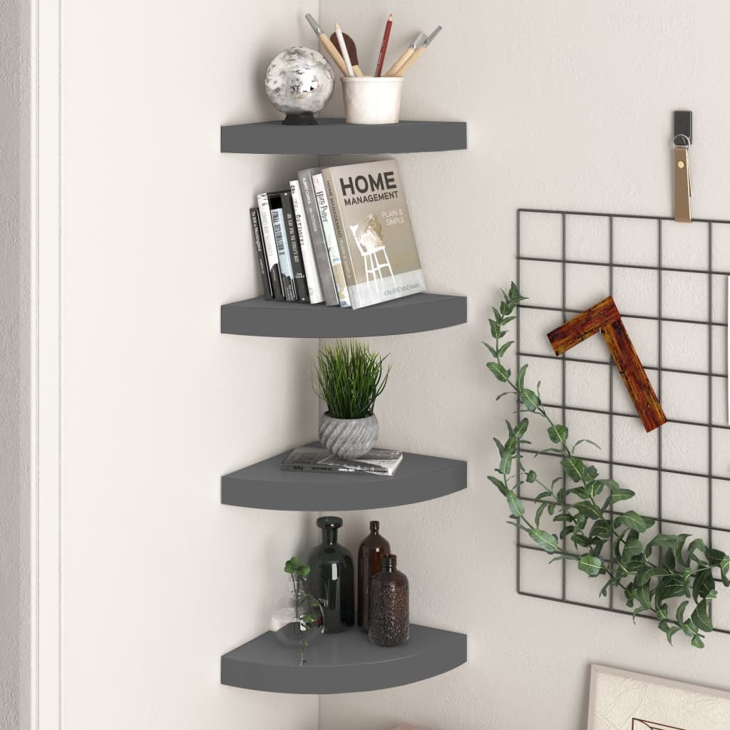 Floating Corner Shelves 4 pcs High Gloss Gray 9.8"x9.8"x1.5" MDF