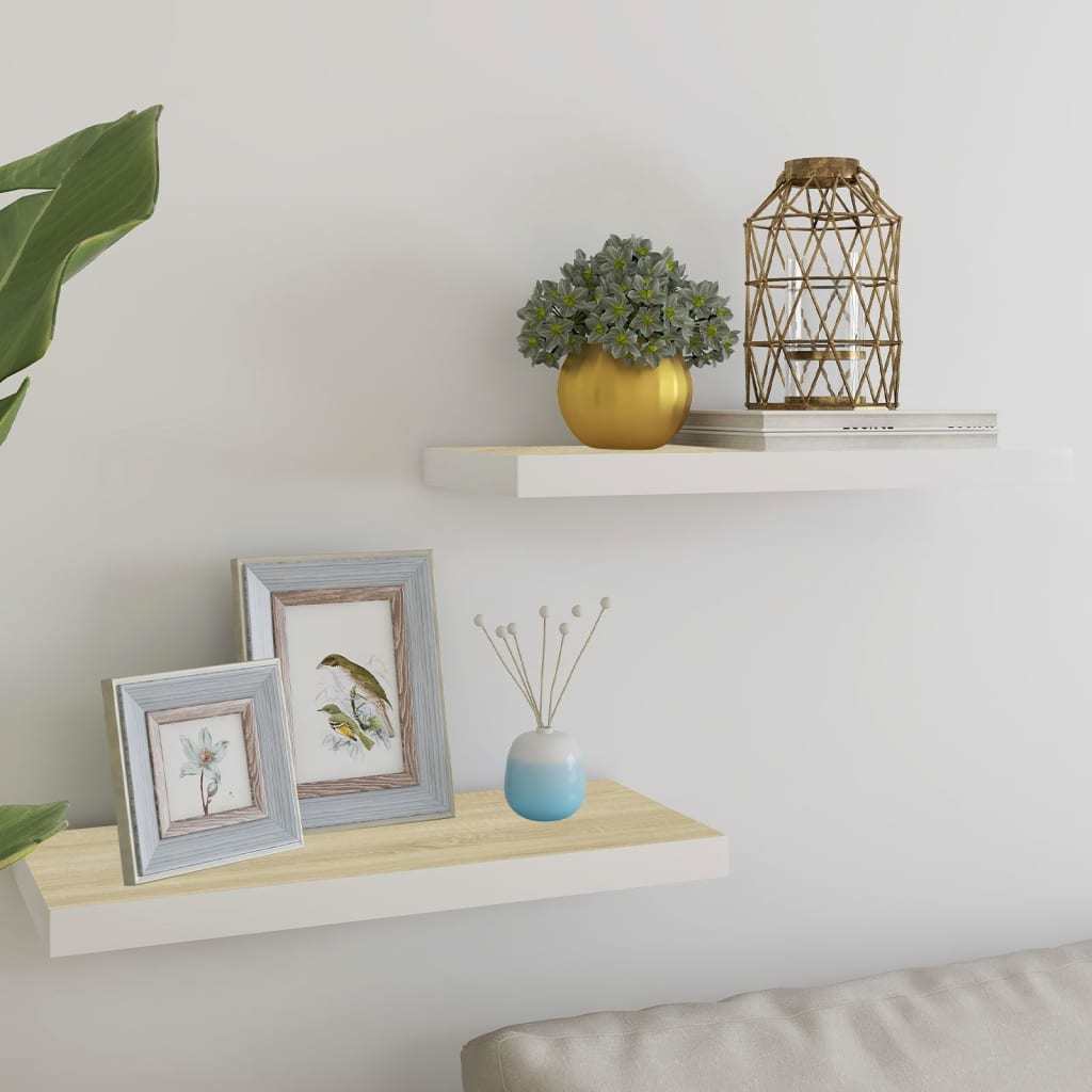 Floating Wall Shelves 2 pcs Oak and White 23.6"x9.3"x1.5" MDF