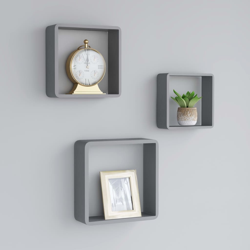 Wall Cube Shelves 3 pcs Gray MDF