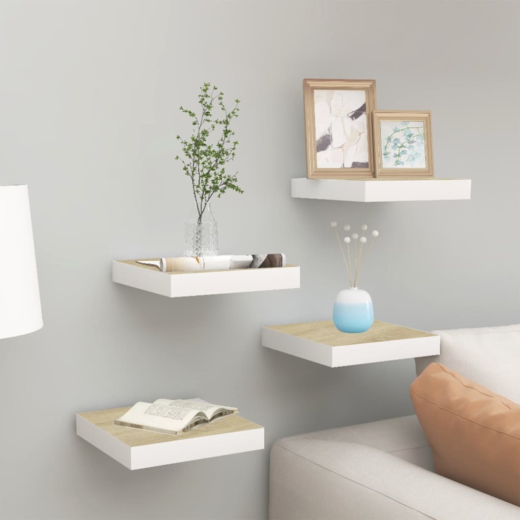 Floating Wall Shelves 4 pcs Oak and White 9.1"x9.3"x1.5" MDF