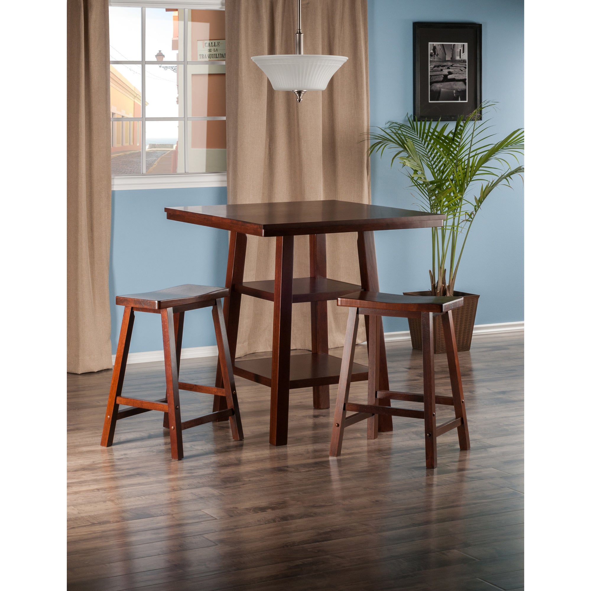 Orlando 3-Pc Set High Table; 2 Shelves w/ 2 Saddle Seat Stools