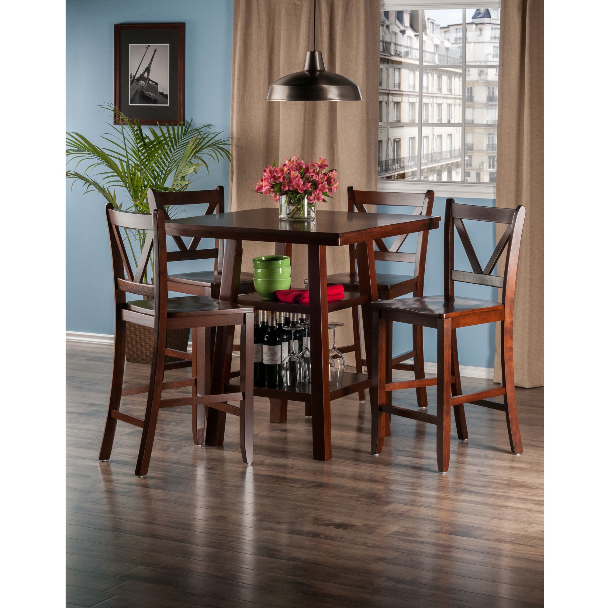 Orlando 5-Pc Set High Table; 2 Shelves w/ 4 V-Back Counter Stools