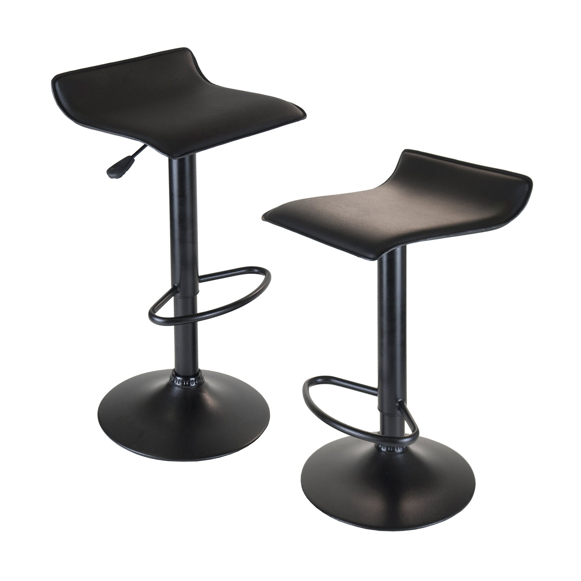 Obsidian Set of 2 Adjustable Swivel Air Lift Stool; Backless; Black PVC Seat; Black Metal Post and Base