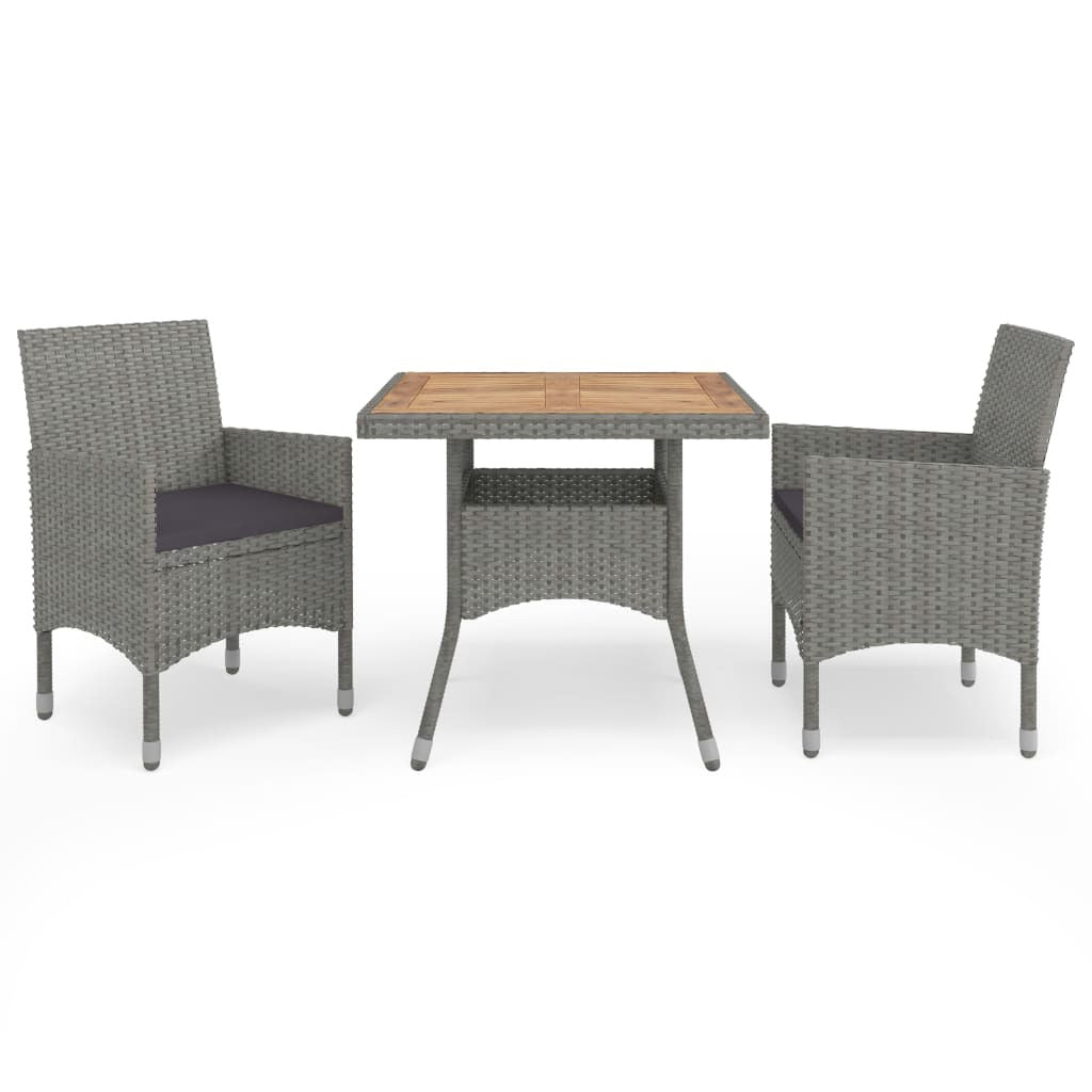 3 Piece Patio Dining Set Gray Poly Rattan and Acacia Wood