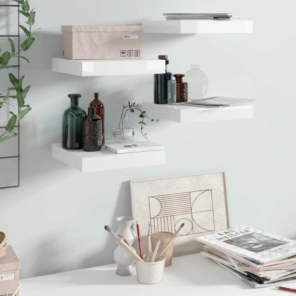 Floating Wall Shelves 4 pcs High Gloss White 9.1"x9.3"x1.5" MDF