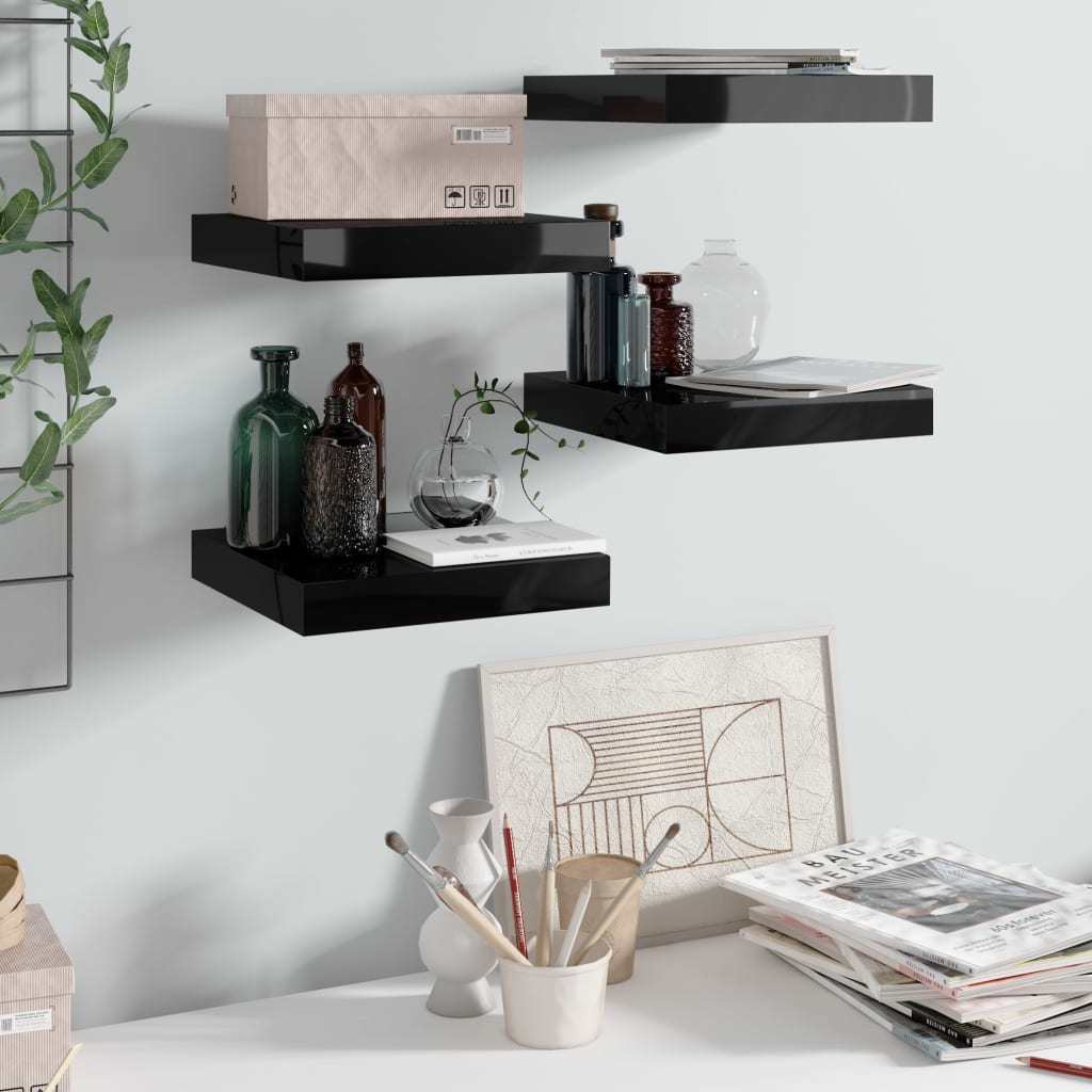 Floating Wall Shelves 4 pcs High Gloss Black 9.1"x9.3"x1.5" MDF