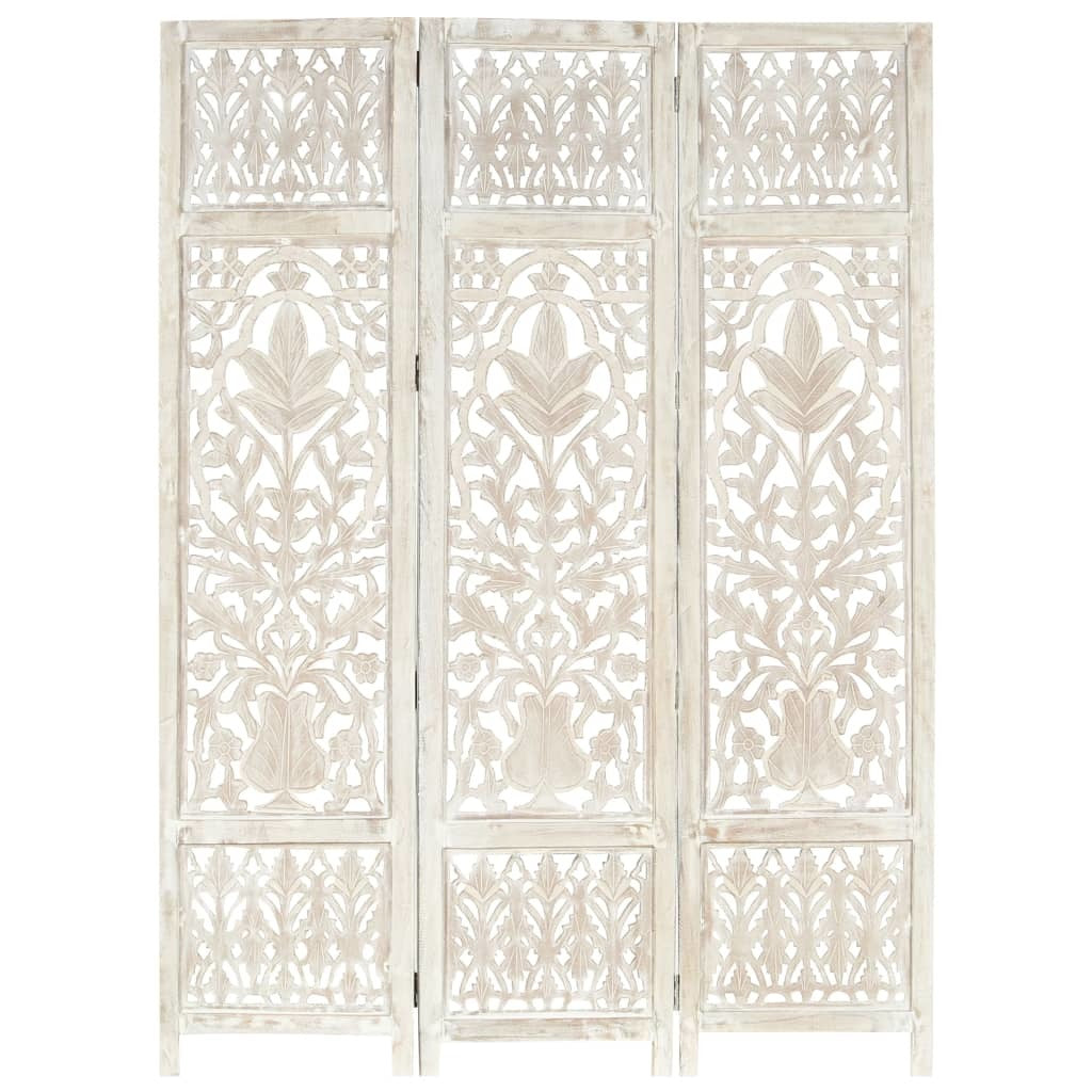 Hand carved 3-Panel Room Divider White 47.2"x65" Solid Mango Wood