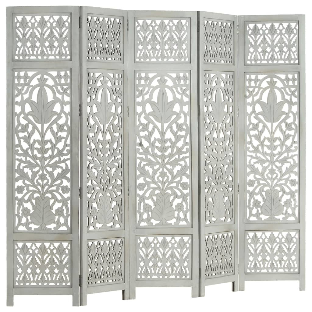 Hand Carved 5-Panel Room Divider Gray 78.7"x65" Solid Mango Wood