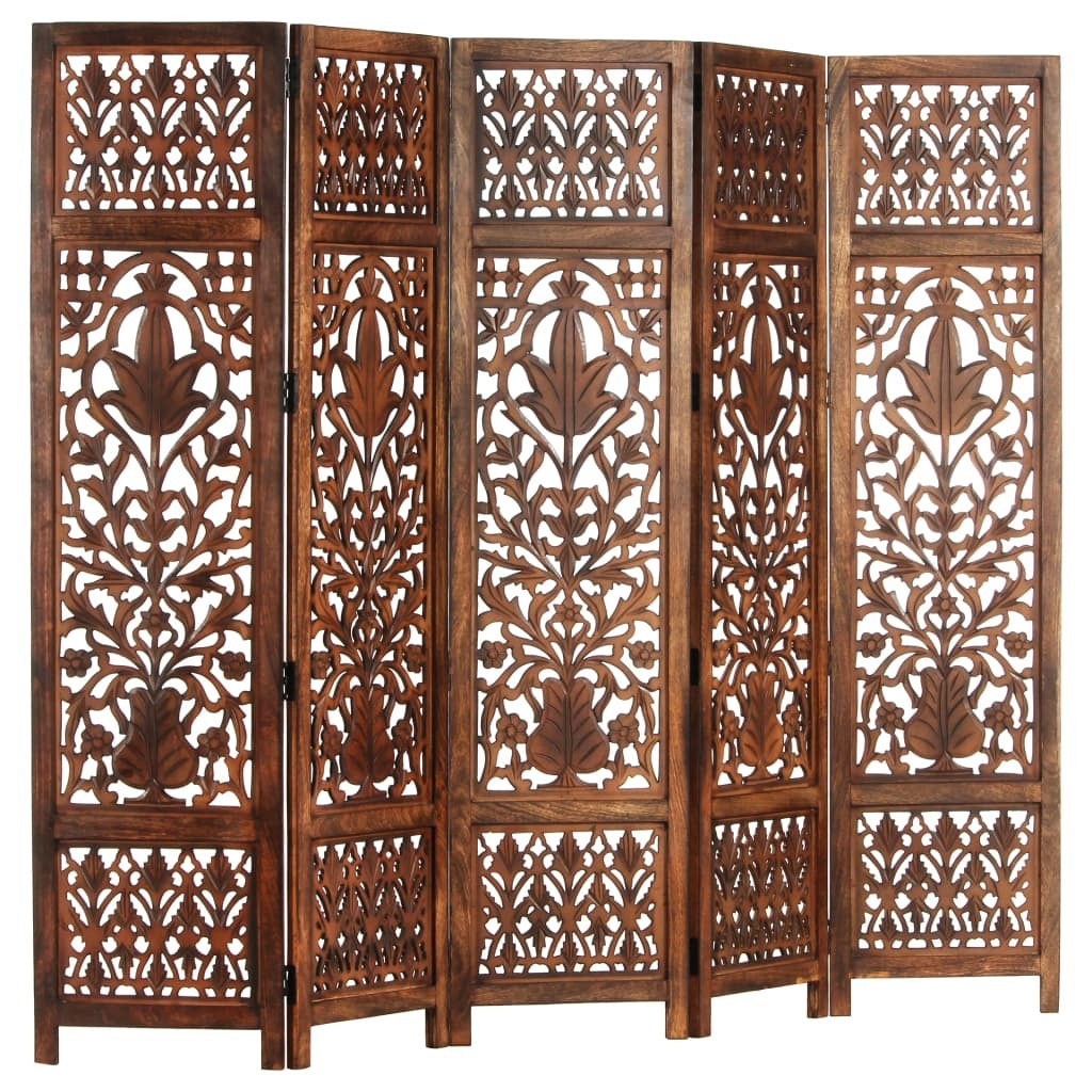 Hand Carved 5-Panel Room Divider Brown 78.7"x65" Solid Mango Wood