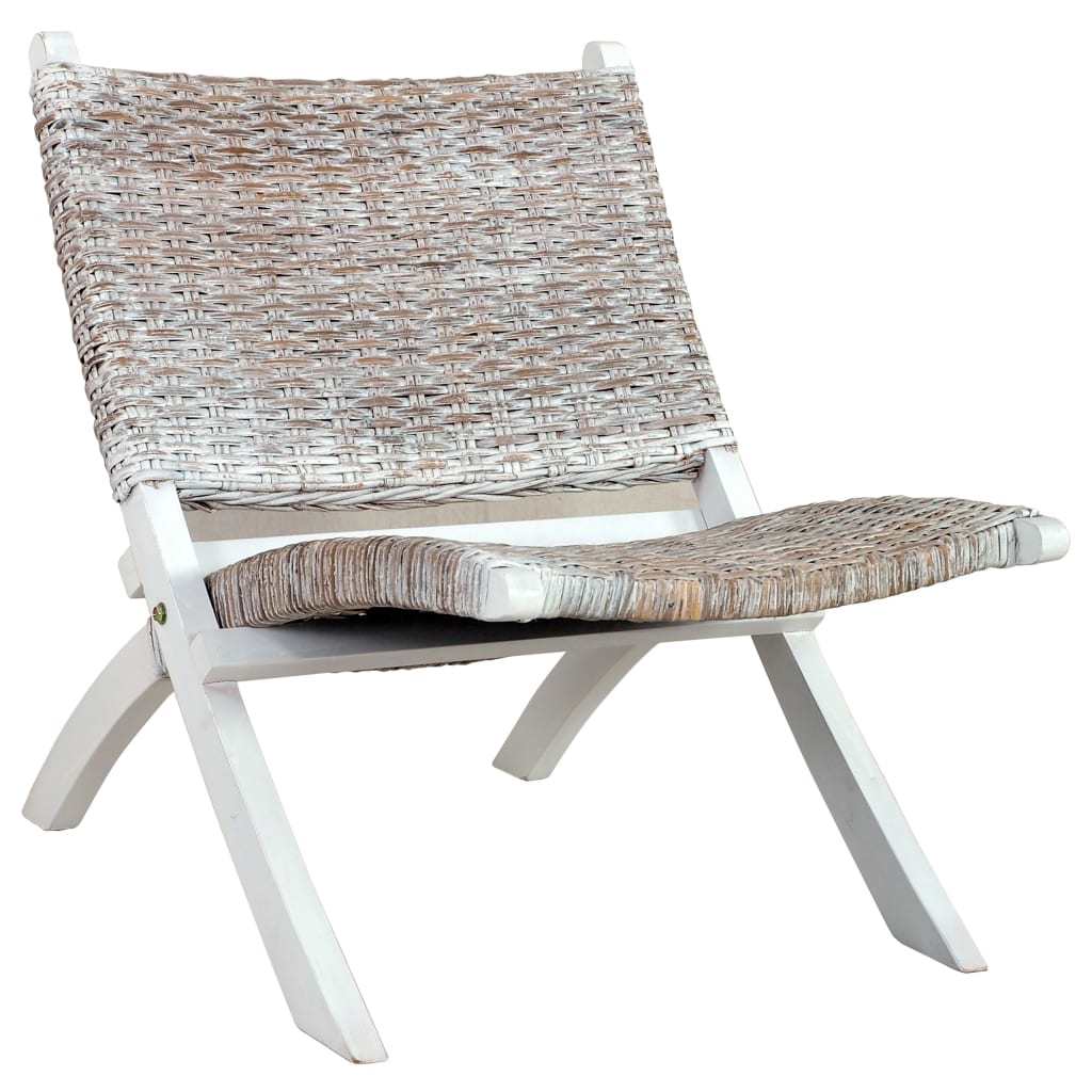 Relaxing Chair White Natural Kubu Rattan and Solid Mahogany Wood