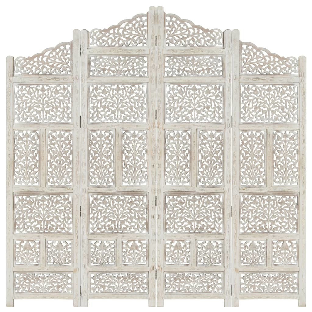 Hand carved 4-Panel Room Divider White 63"x65" Solid Mango Wood