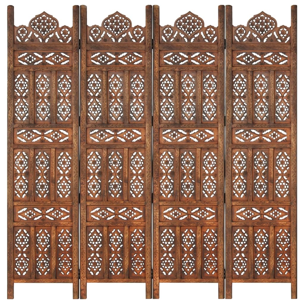 Hand carved 4-Panel Room Divider Brown 63"x65" Solid Mango Wood