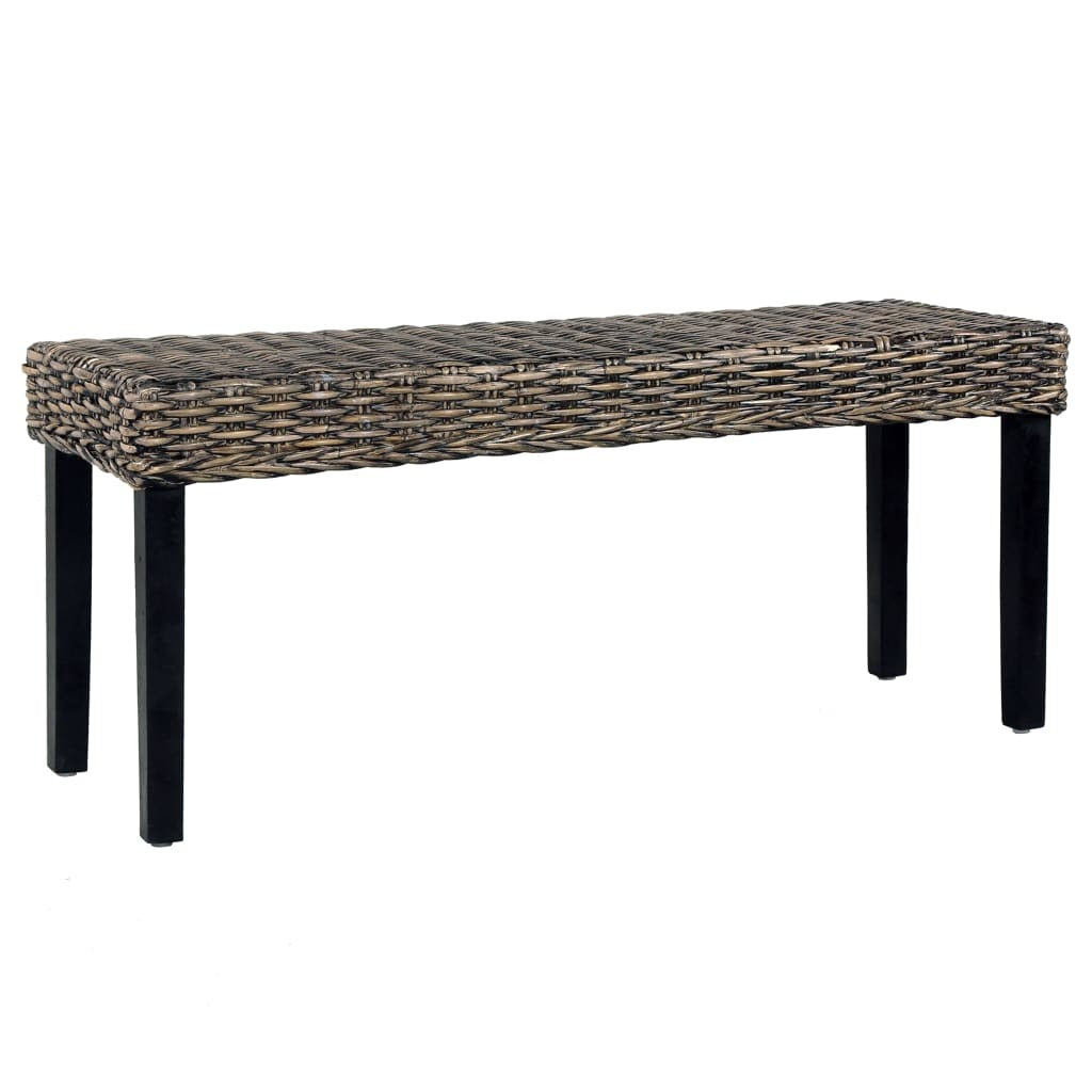 Bench 43.3" Black Natural Kubu Rattan and Solid Mango Wood