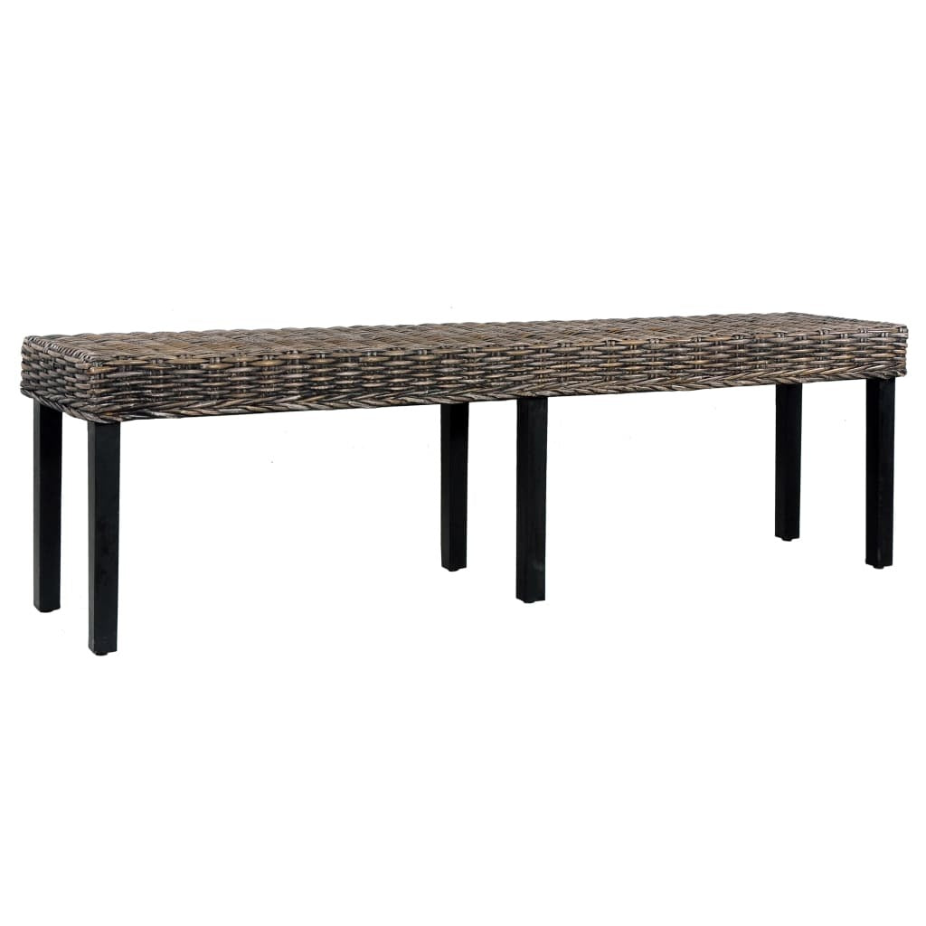 Bench 63" Black Natural Kubu Rattan and Solid Mango Wood