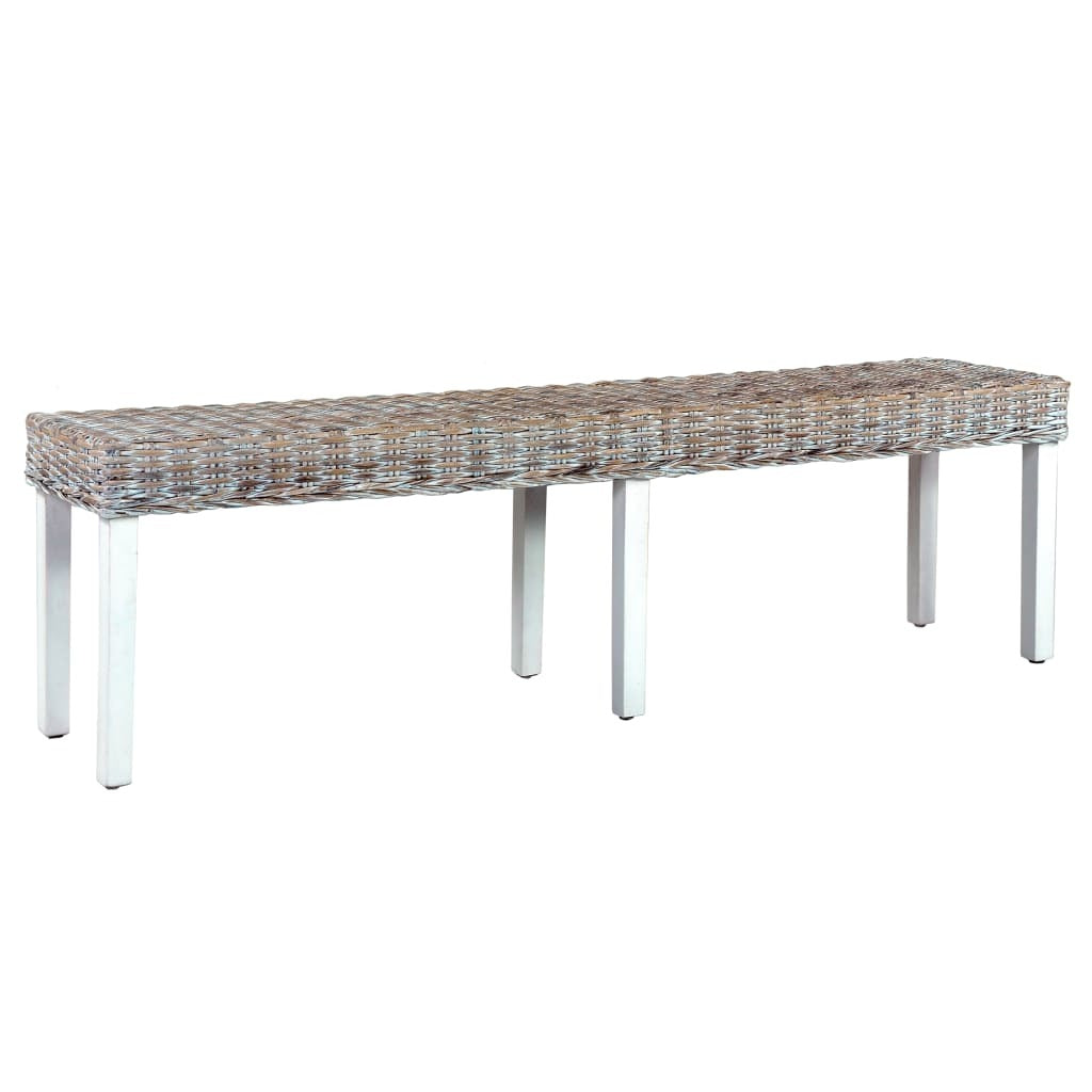 Bench 63" White Natural Kubu Rattan and Solid Mango Wood