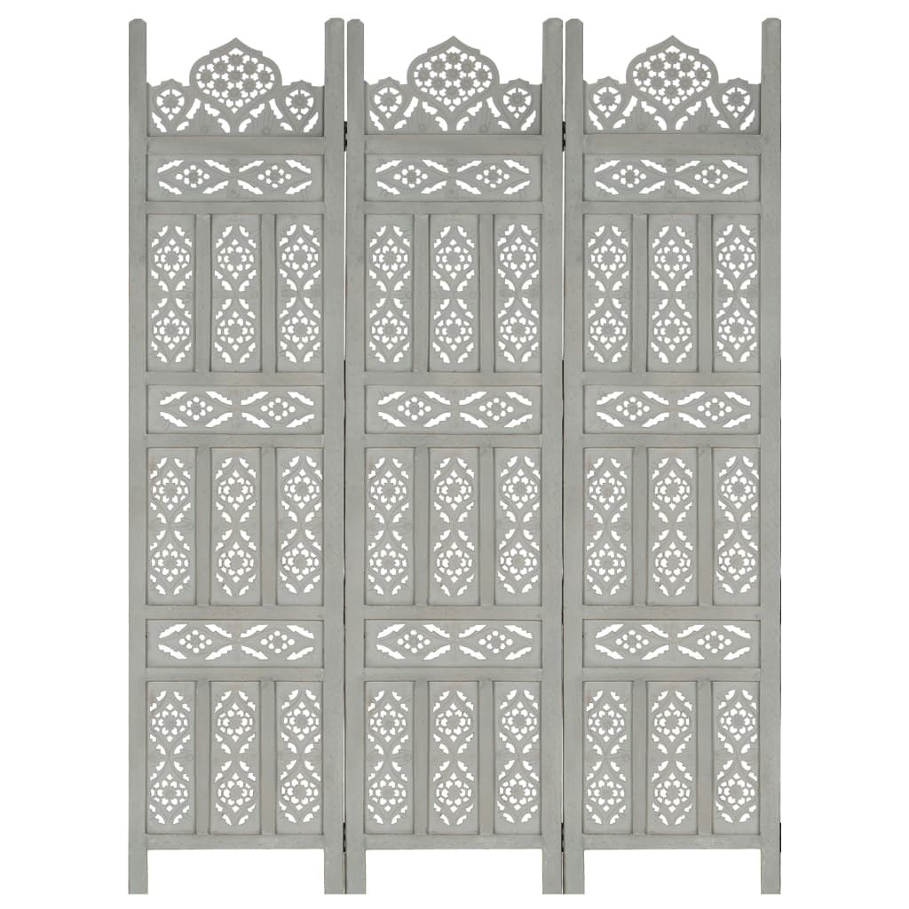 Hand carved 3-Panel Room Divider Gray 47.2"x65" Solid Mango Wood