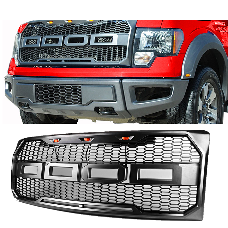 For 2009-2014 Ford F150 Raptor Style Conversion Front Hood Grille With LED Lights