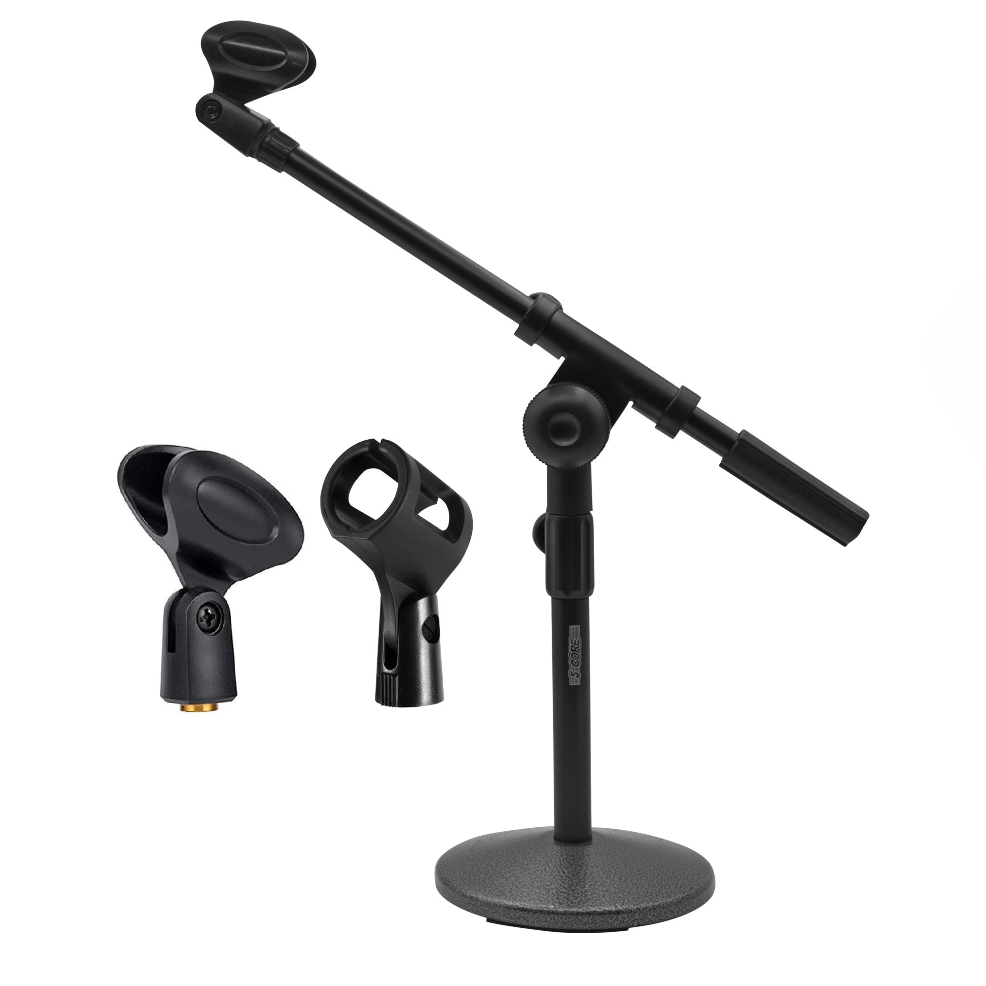 5 Core Desk Microphone Stand Black • Adjustable Height Extendable Boom Arm • Table Mic Holder w Round Base Anti Slip Pad • Universal Mic Clip and 3/8'' and 5/8'' Thread Adapter- MSSB