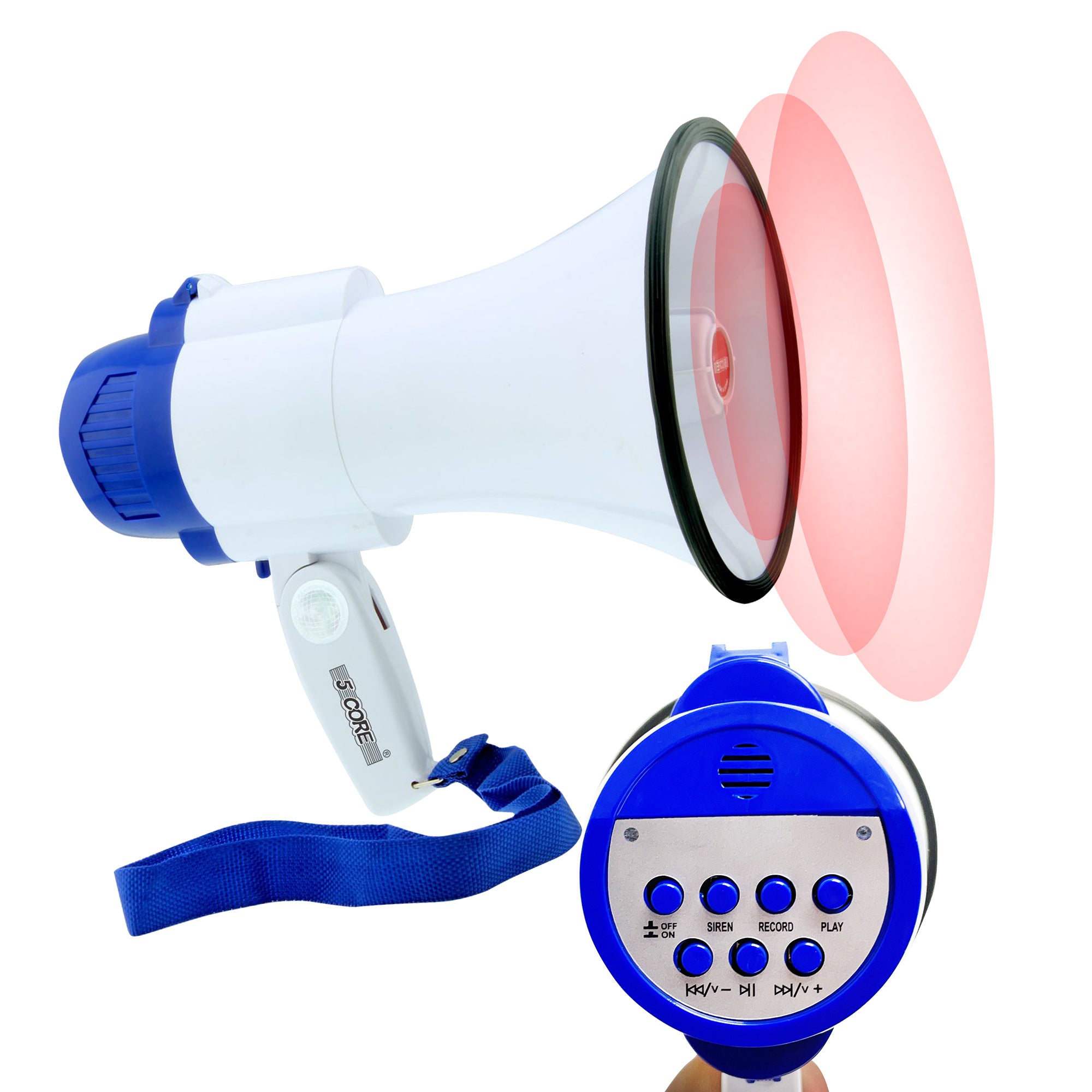 5 CORE Megaphone Bull Horn 30W Loud Speaker 800 Yards Range Rechargeable Portable USB Bullhorn w Recording Volume Control Siren Noise Maker for Kids a