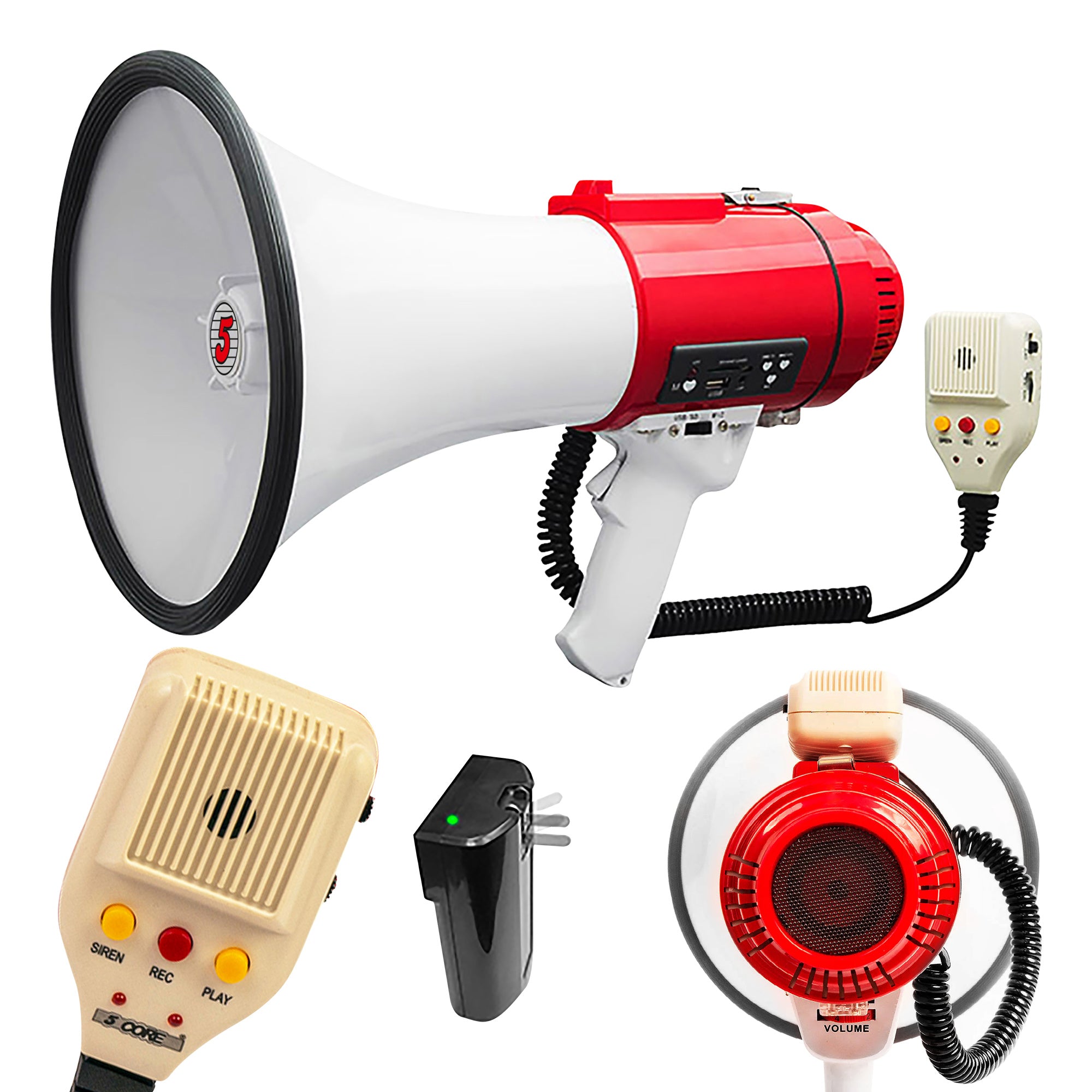 5 CORE Bull Horn Megaphone 60W Loud Siren Noise Maker Professional Bullhorn Speaker Rechargeable w Handheld Mic Recording USB SD Card Adjustable Volum