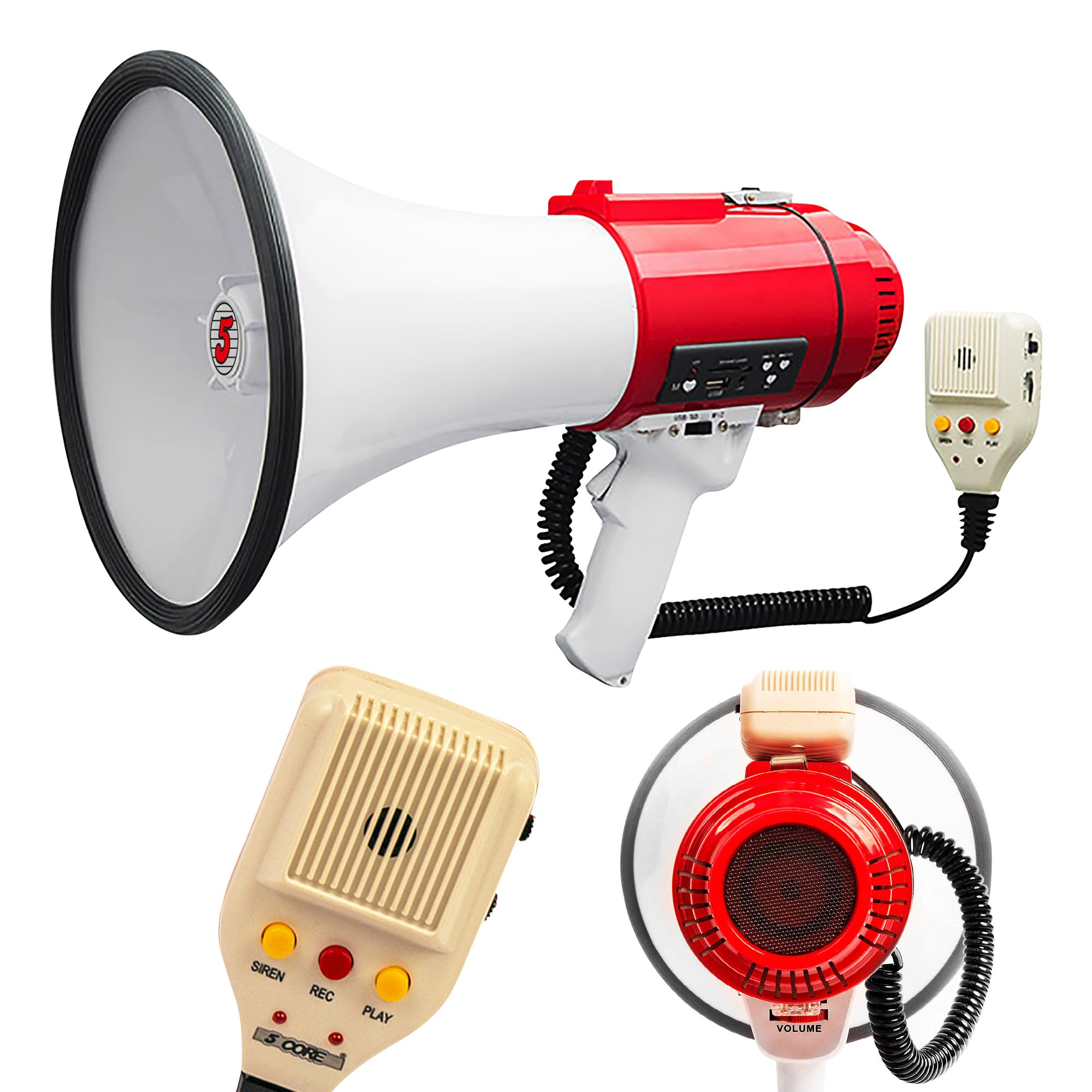 5 CORE Megaphone Bull Horn 60W Loud Siren Noise Maker Professional Bullhorn Speaker Rechargeable w Handheld Mic Recording USB SD Card Adjustable Volum