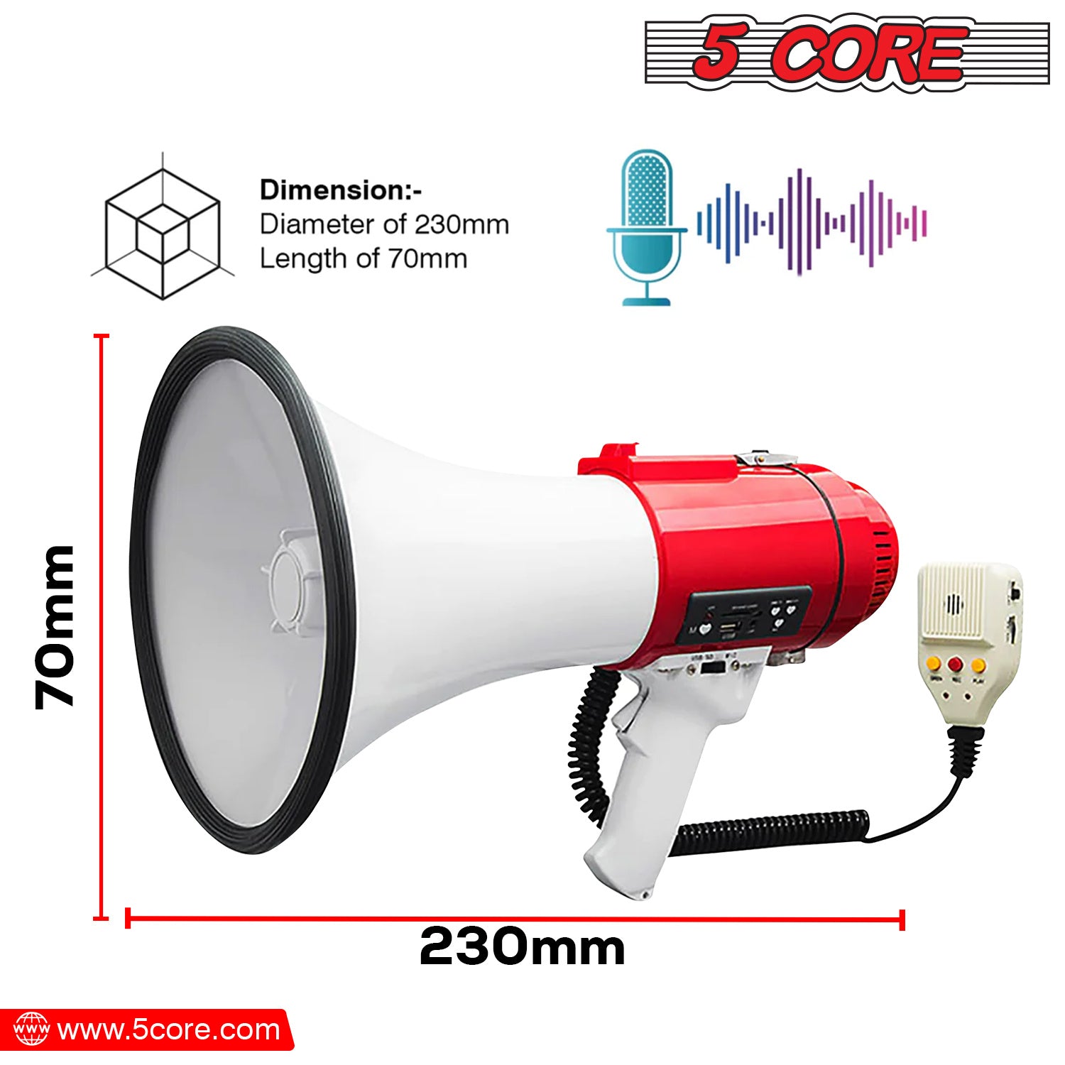 5 CORE Megaphone Bull Horn 60W Loud Siren Noise Maker Professional Bullhorn Speaker Rechargeable w Handheld Mic Recording USB SD Card Adjustable Volum