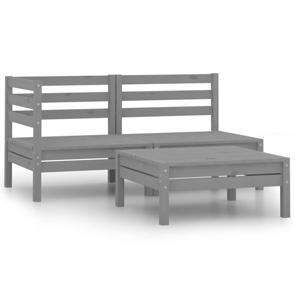 3 Piece Patio Lounge Set Solid Wood Pine Gray