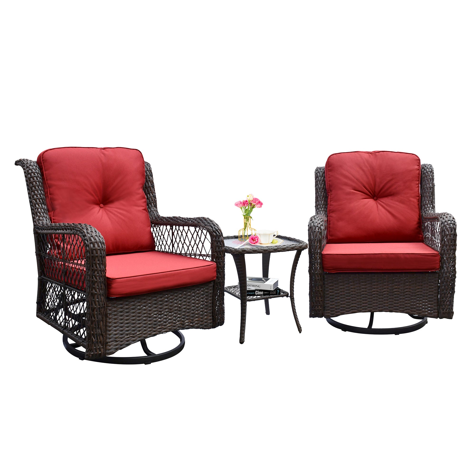 Outdoor Bistro Set 3 Pieces;  Outdoor Resin Wicker Swivel Rocker Patio Chair;  360-Degree Swivel Rocking Chairs and Tempered Glass Top Side Coffee Table;  Outdoor Rattan Conversation Sets