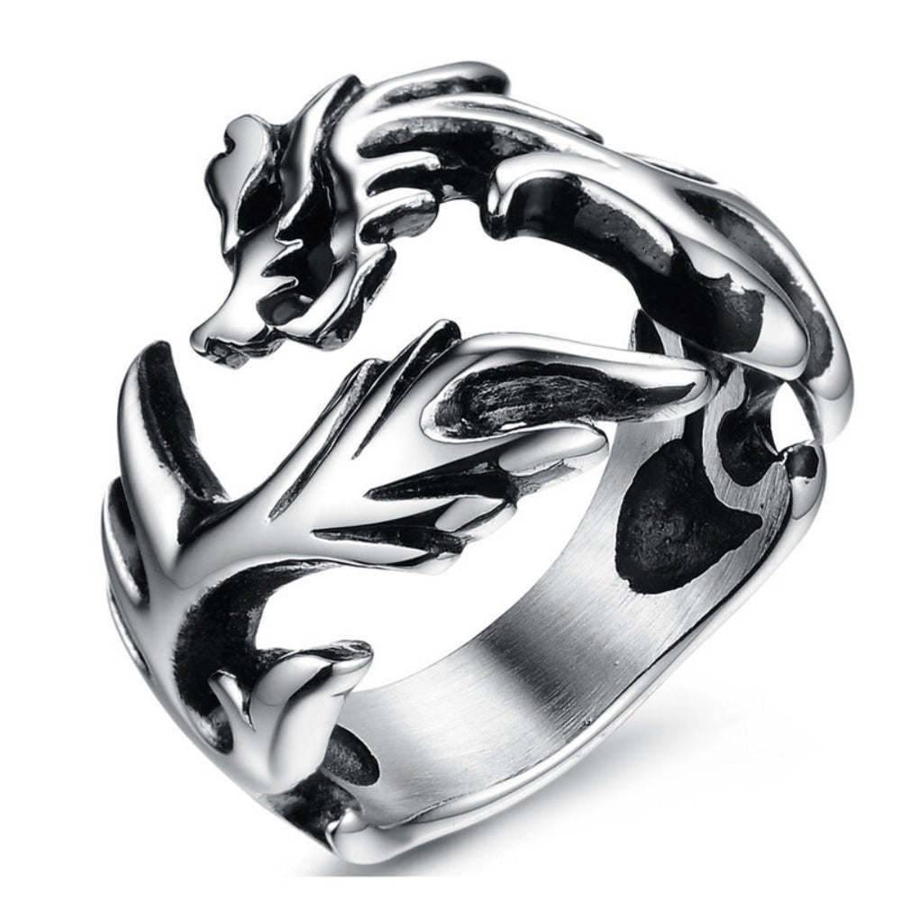 Mens Stainless Steel Dragon Flame Design Ring