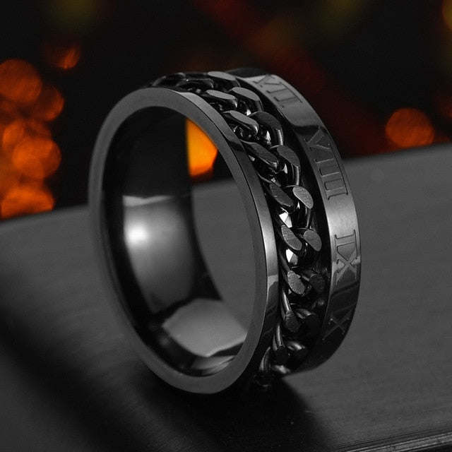 Mens Stainless Steel Rotatable Chain Style Black Ring