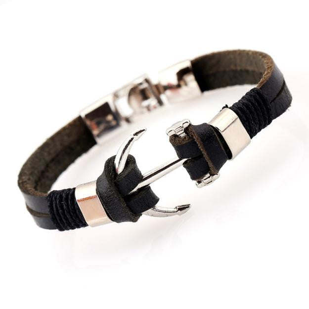 Mens Trendy Leather Bracelet with Anchor Design