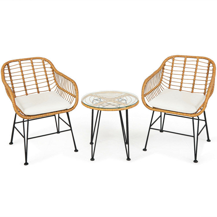 3 Pieces Rattan Furniture Set with Cushioned Chair Table