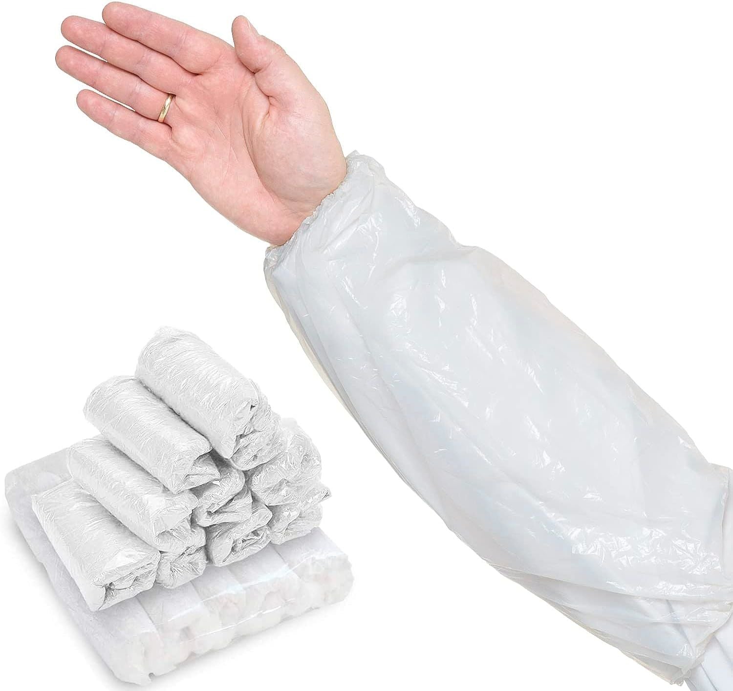 Disposable White Oversleeves 18". Pack of 100 Plastic Waterproof PPE Arm Covers with Elastic Wrist; Elbow. Polyethylene 1 Mil Thickness Protective Sle