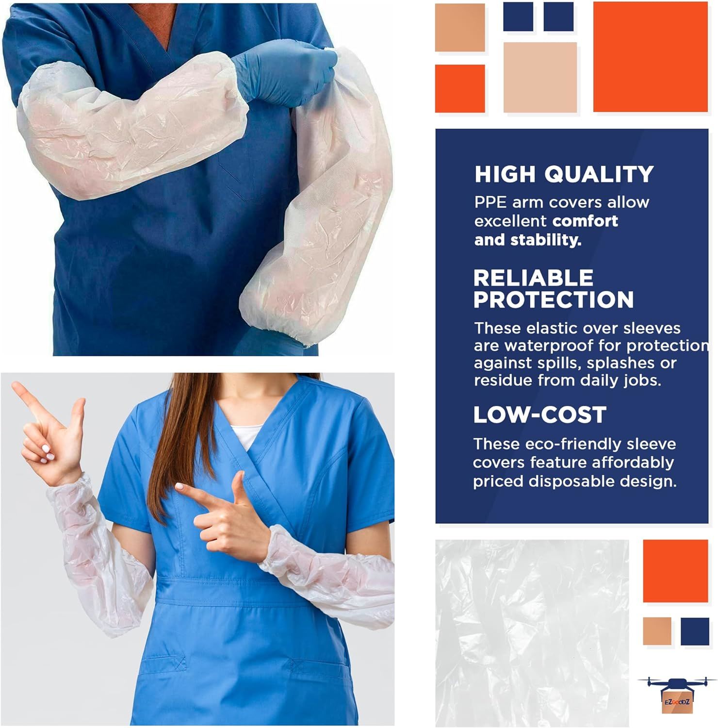 Disposable White Oversleeves 18". Pack of 100 Plastic Waterproof PPE Arm Covers with Elastic Wrist; Elbow. Polyethylene 1 Mil Thickness Protective Sle