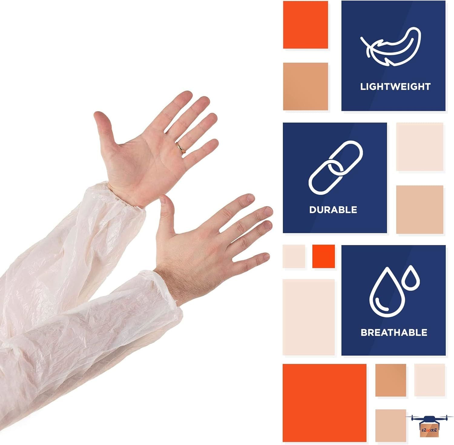 Disposable White Oversleeves 18". Pack of 100 Plastic Waterproof PPE Arm Covers with Elastic Wrist; Elbow. Polyethylene 1 Mil Thickness Protective Sle
