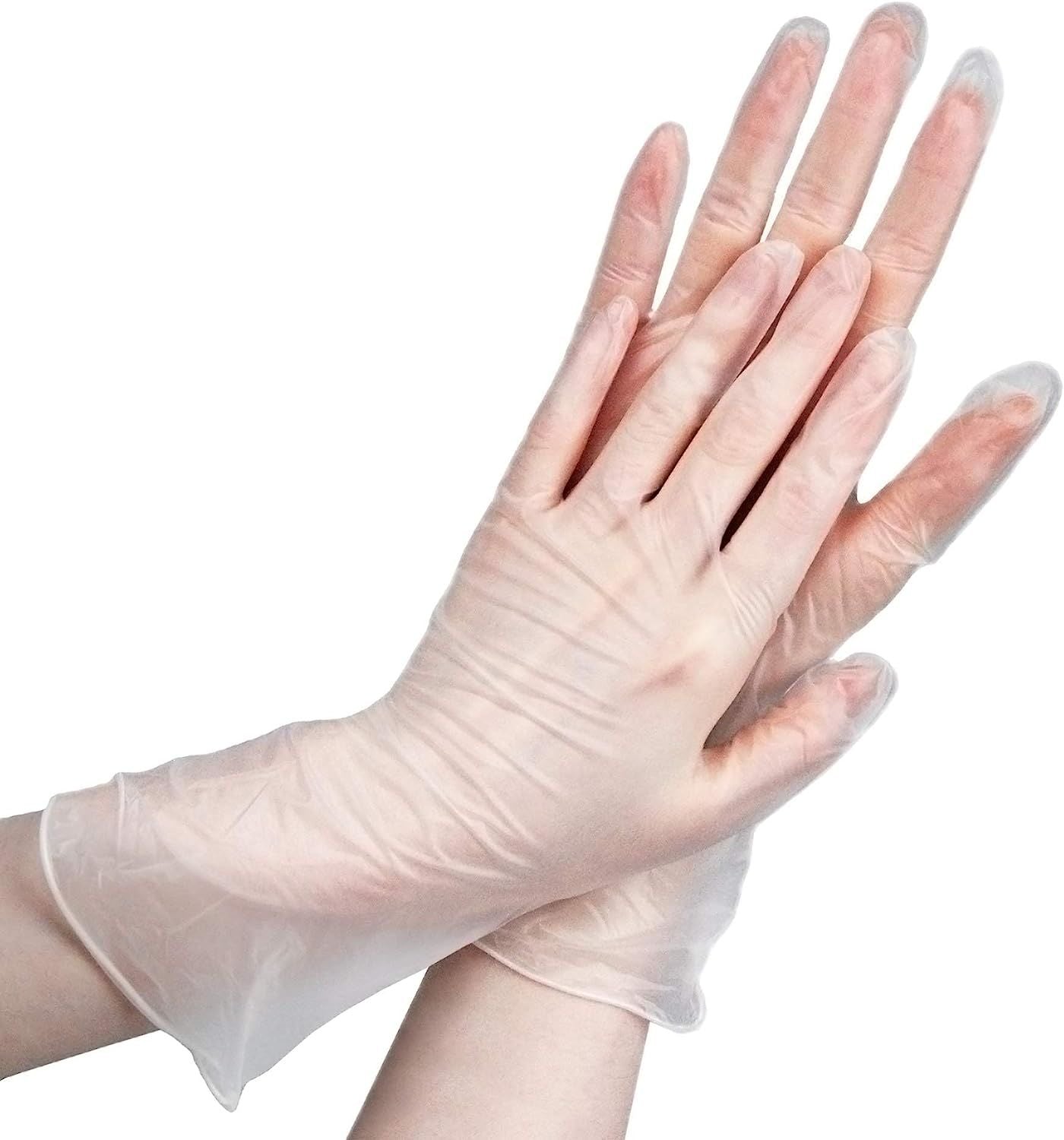 Vinyl Synthetic Gloves. Pack of 100 Powder Free Disposable Cleaning Gloves; Large Size. Clear Ambidextrous Waterproof Food Gloves for Kitchen; Cooking; Food Handling.