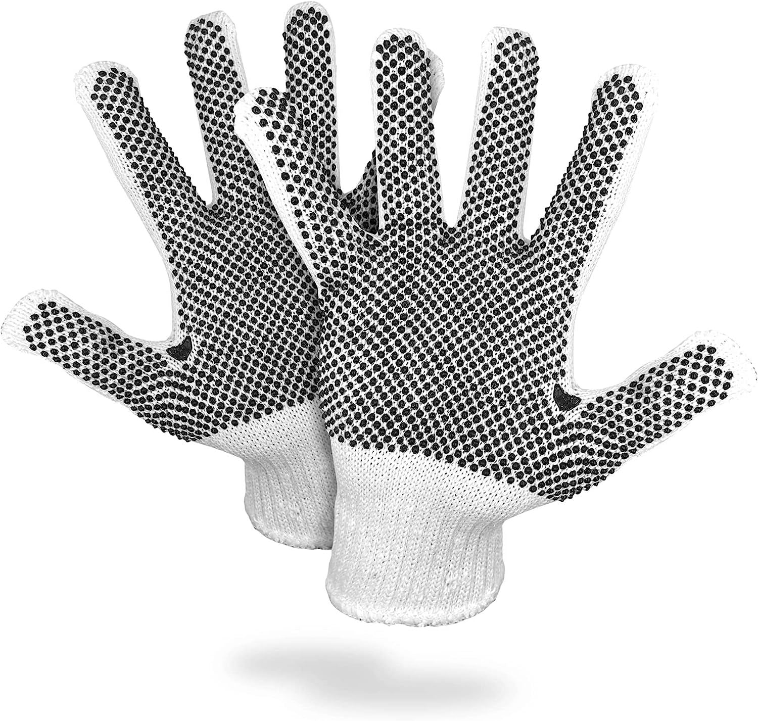 String Knit Work Gloves 9.5 Size 12 Pack Safety Work Gloves White Color with Black Dots. Coton Gloves for Warehouse Gardening Construction Painters. Gloves for Work One Side Dotted and Breathable