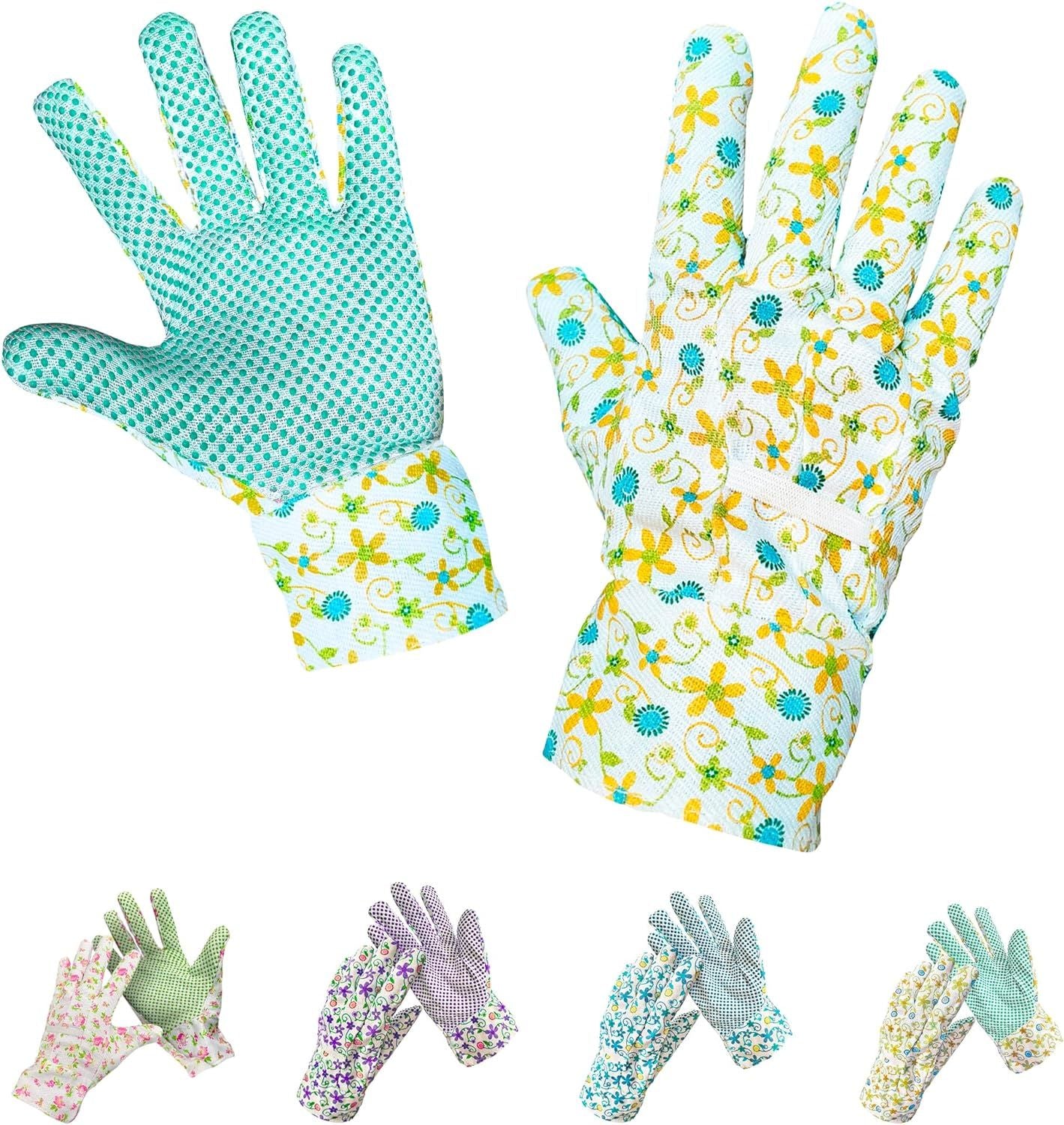 Pack of 12 Ladies Garden Gloves Assorted Floral Cotton Jersey Medium Size Yellow Breathable Gardening Gloves for Woman Resistant PVC Dotted Palm Gloves Comfortable Fit Knitted Cotton Poly Gloves