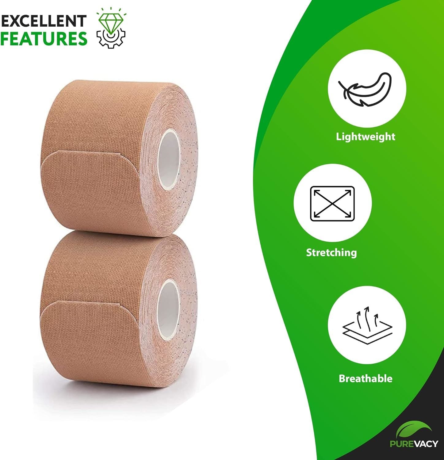 Latex Free Beige Sport Kinesiology Tape Roll 2" x 16.4'; Tex Extreme Kinesiology Tape Uncut; Body Sport Physio Tape for Shoulder; Cuff; Hands; Knees; 