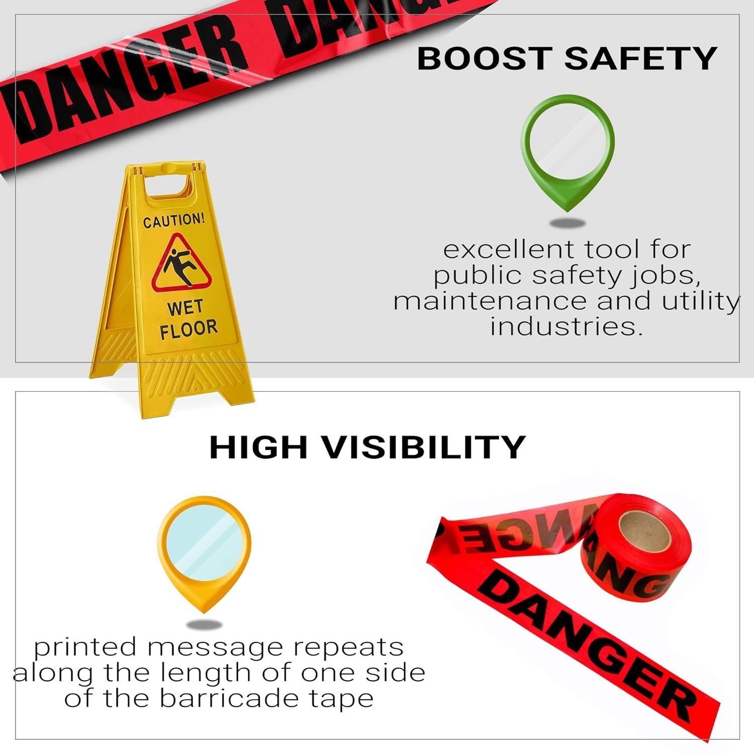 1 Rolls of Barricade Tape 3'; Red and Black Danger Tape Roll 1000 Feet; Danger Tape 3 Mil; Polyethylene Warning Tape; Bright Construction Tape to Mark