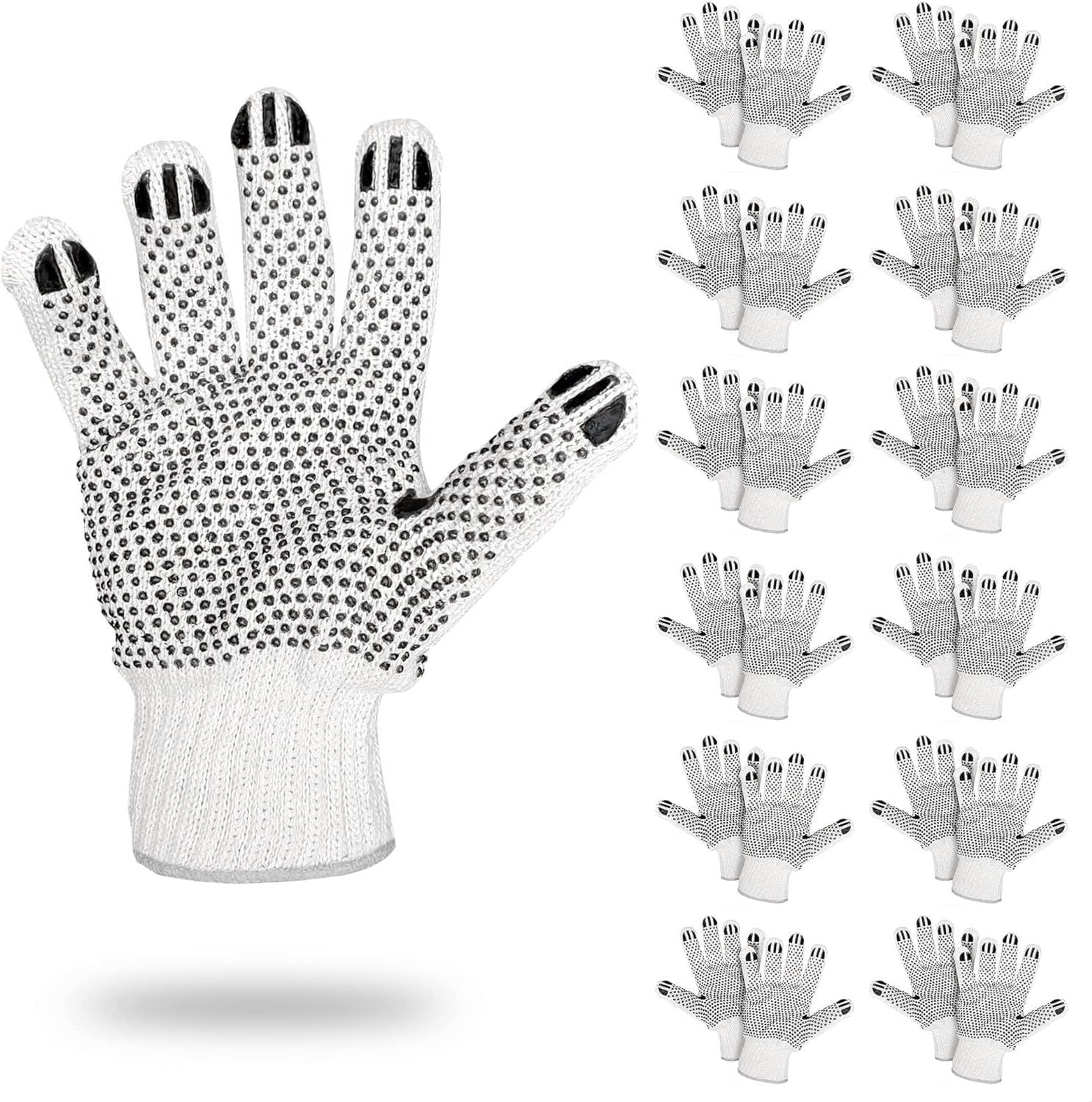 Pack of 12 Single Side Dot String Gloves 10' Size Cotton String Knit Coated Gloves with Dots on One Side Gloves; Knitted Multi-Dot Design Cotton Polyester Gloves for General Use