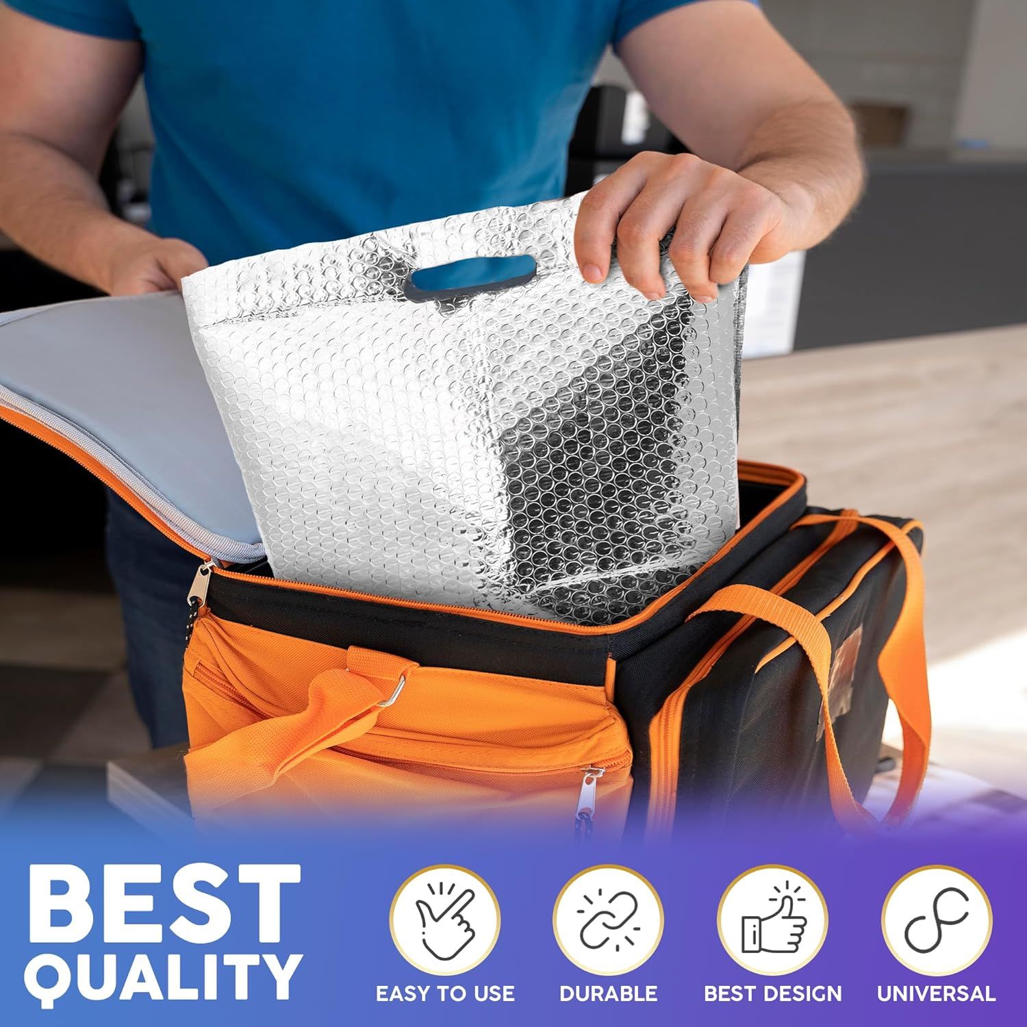 Pack of 10 Insulated Thermal Bubble Bags with Hand Hole. Lightweight High Capacity Metallized Foil Tote Bag 6x6x9 Easy Use Adhesive Tape Seal Closure.