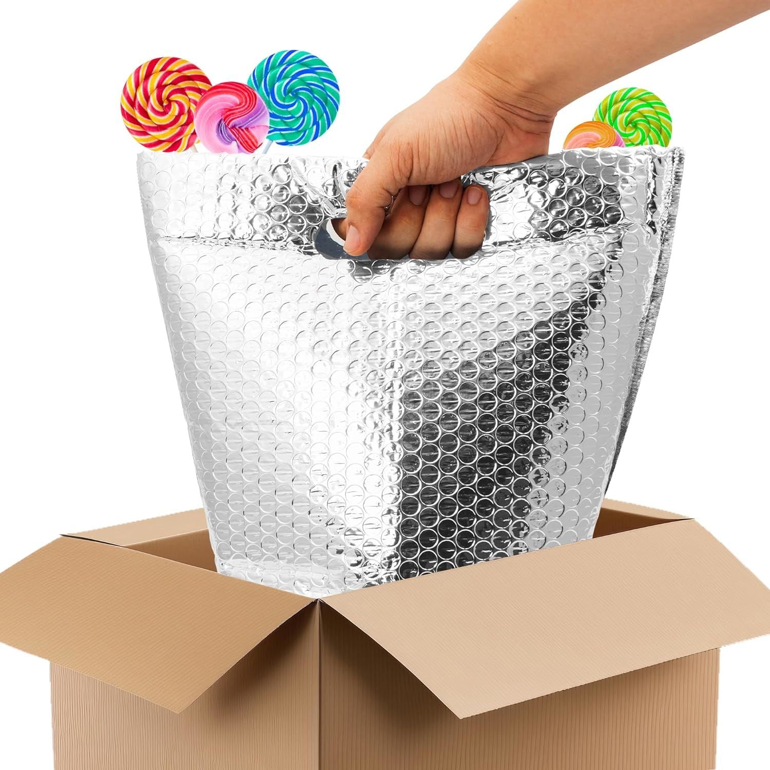 Pack of 5 Insulated Thermal Bubble Bags with Hand Hole. Lightweight High Capacity Metallized Foil Tote Bag 6x6x9 Easy Use Adhesive Tape Seal Closure. 