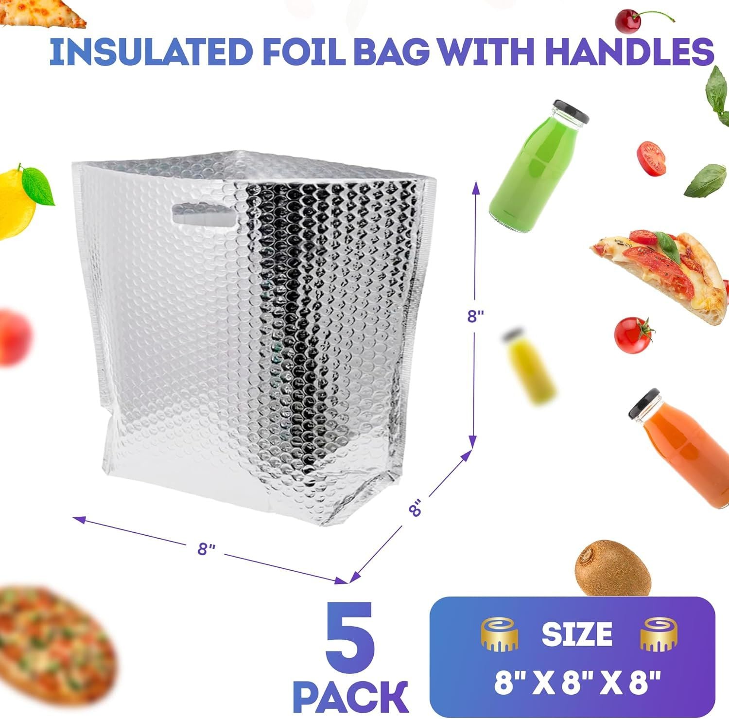Pack of 5 Insulated Thermal Bubble Bags with Hand Hole. Lightweight High Capacity Metallized Foil Tote Bag 8x8x12 Easy Use Adhesive Tape Seal Closure.