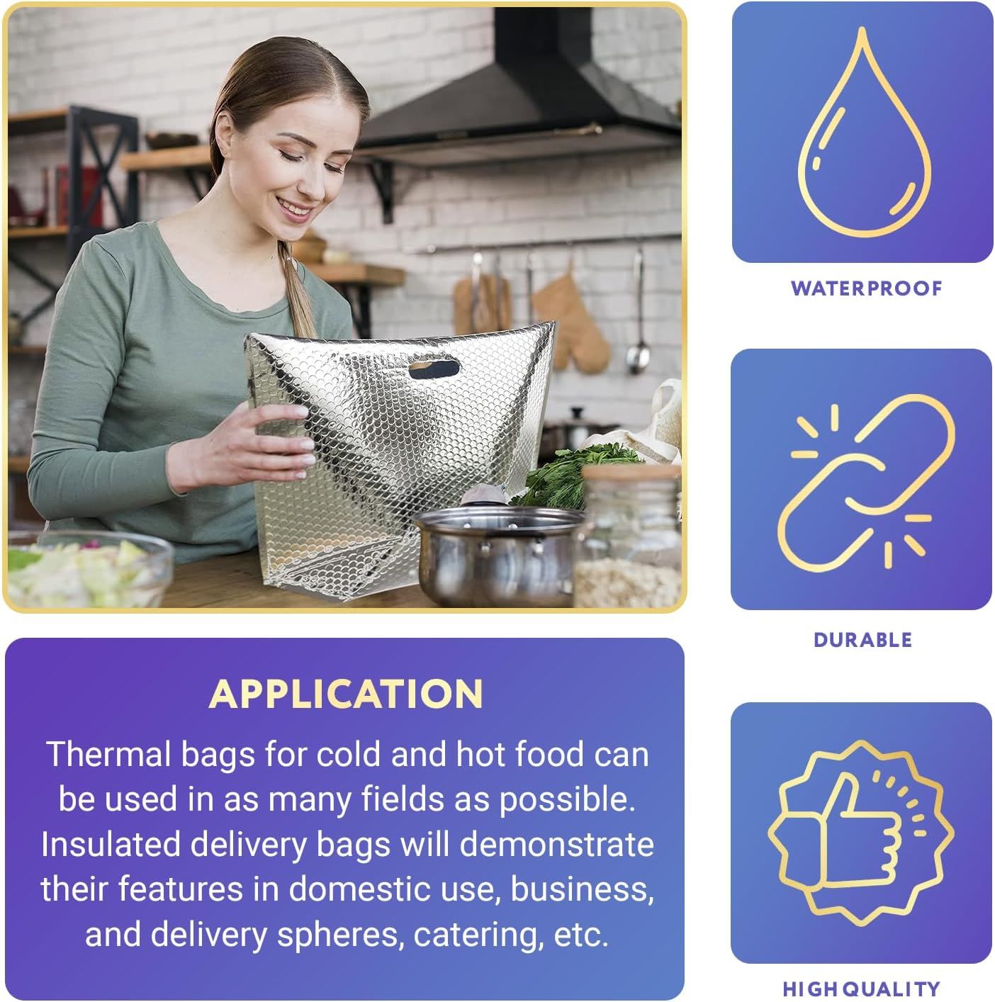 Pack of 5 Insulated Thermal Bubble Bags with Hand Hole. Lightweight High Capacity Metallized Foil Tote Bag 10x10x15 Easy Use Adhesive Tape Seal Closur