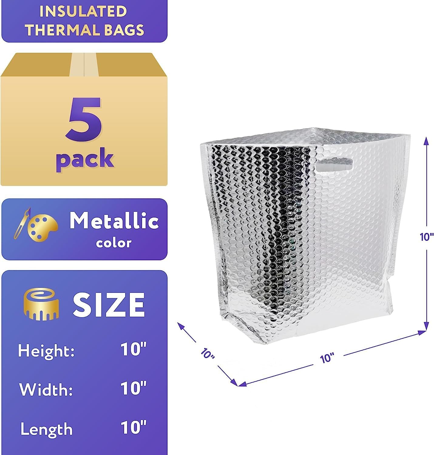 Pack of 5 Insulated Thermal Bubble Bags with Hand Hole. Lightweight High Capacity Metallized Foil Tote Bag 10x10x15 Easy Use Adhesive Tape Seal Closur