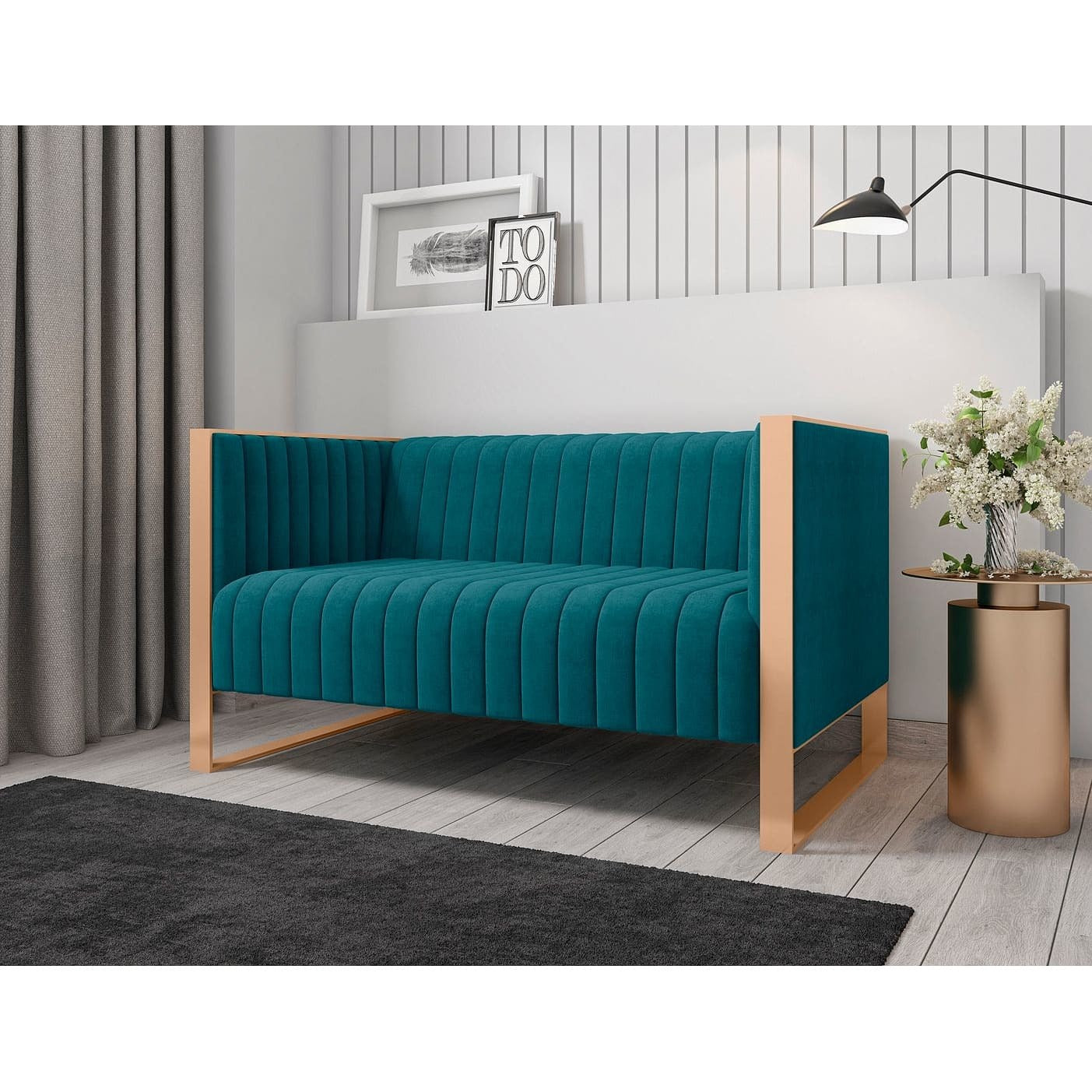 Manhattan Comfort Trillium 57.48 in. Aqua Blue and Gold Velvet 2-Seater Loveseat