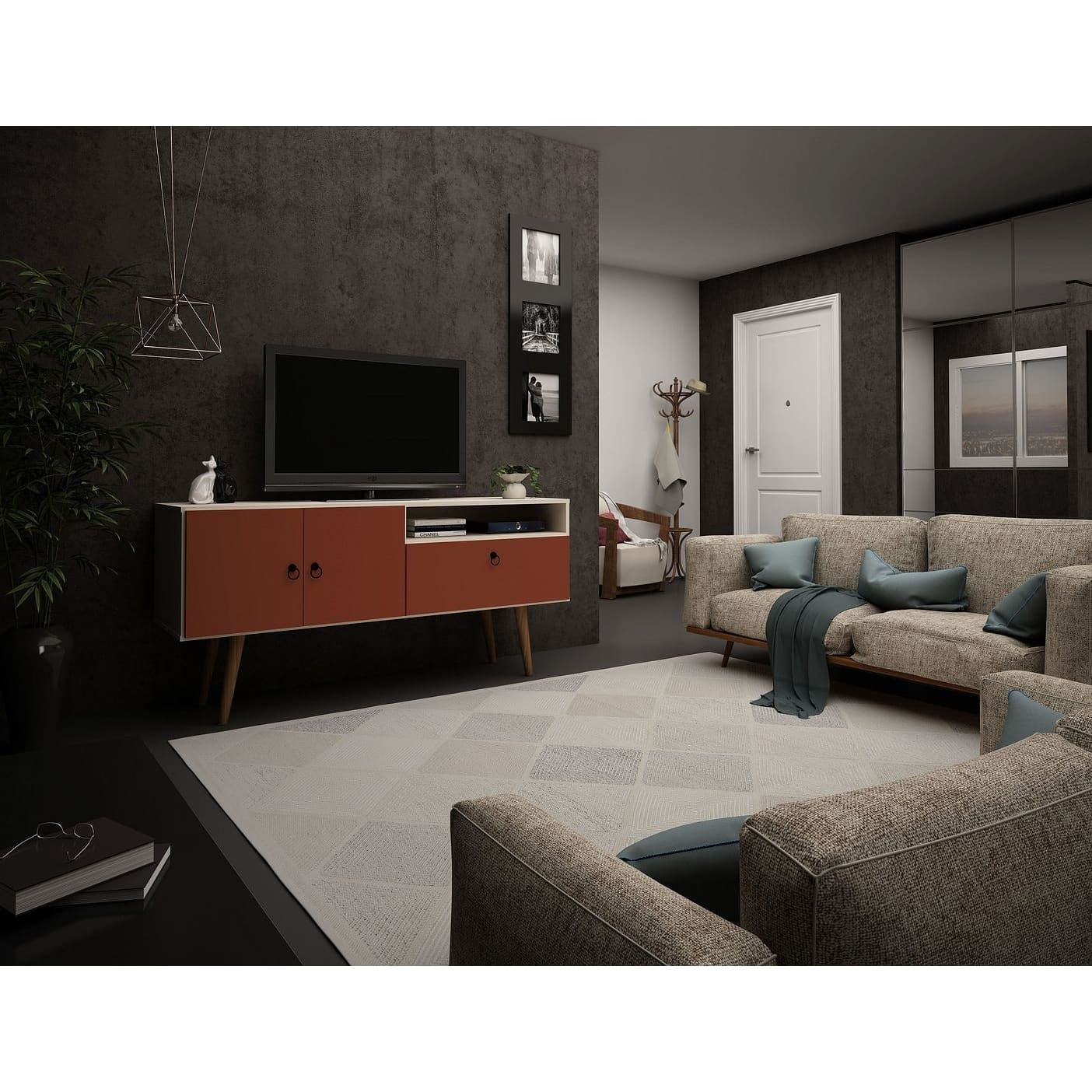 Manhattan Comfort Tribeca 53.94 Mid-Century Modern TV Stand with Solid Wood Legs in Off White and Terra Orange Pink